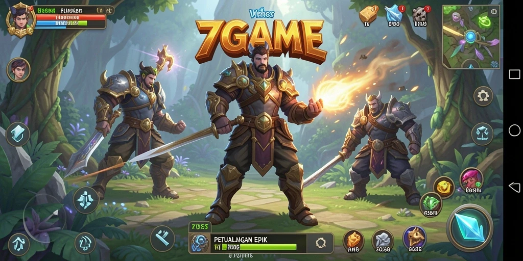 Tampilan gameplay <strong>7GAME</strong> yang menegangkan dengan karakter dan monster epik.
