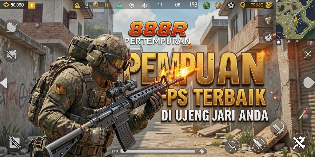 Screenshot gameplay 888R yang menunjukkan aksi menegangkan dalam game FPS.
