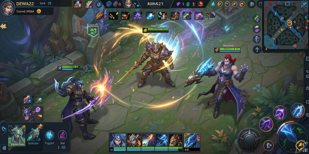 Screenshot gameplay DEWA22 menampilkan pertarungan seru antara karakter hero.