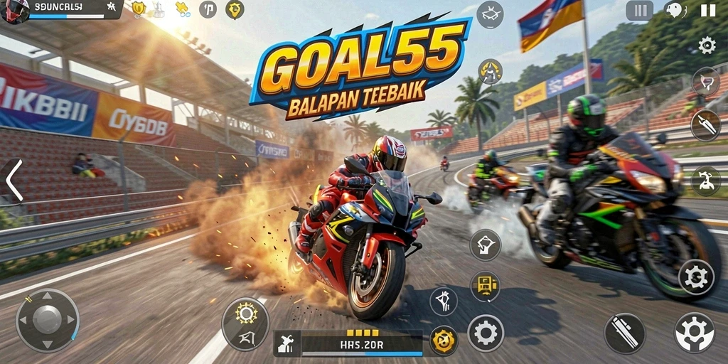 Gameplay GOAL55 yang mendebarkan dengan motor balap beraksi.