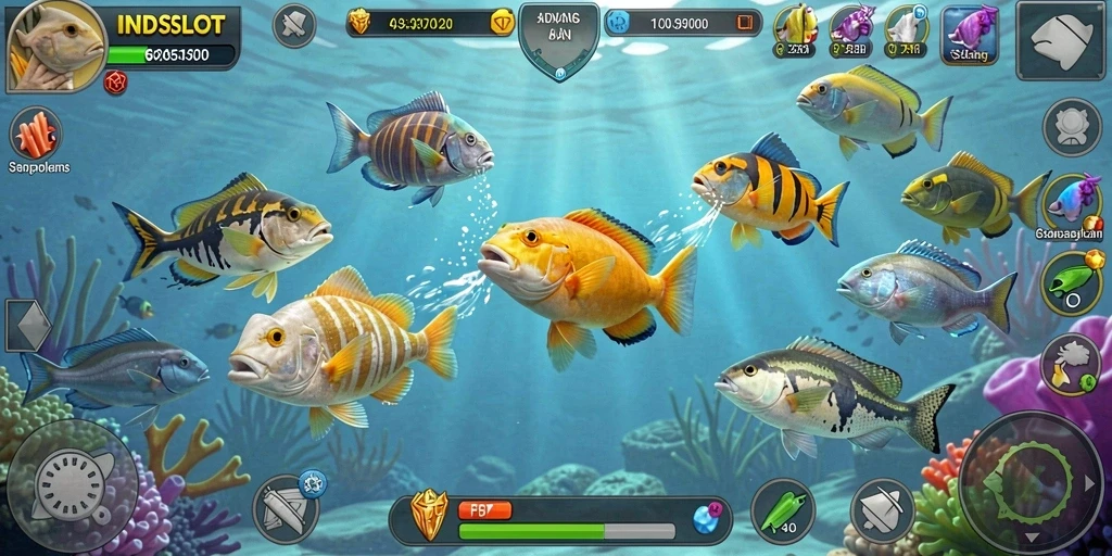 Tampilan screenshot gameplay Tembak Ikan yang seru dan penuh warna.