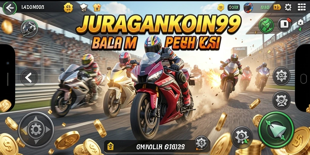 Screenshot gameplay JURAGANKOIN99 menampilkan aksi balap motor yang mendebarkan.
