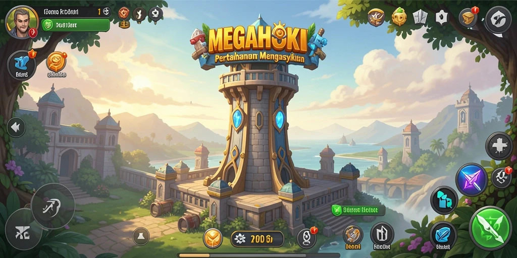 Tampilan menara berwarna-warni di gameplay Tower Defense MEGAHOKI.