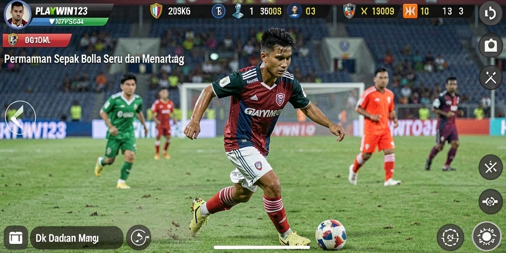 Screenshot gameplay PLAYWIN123 menampilkan aksi seru di lapangan sepak bola.