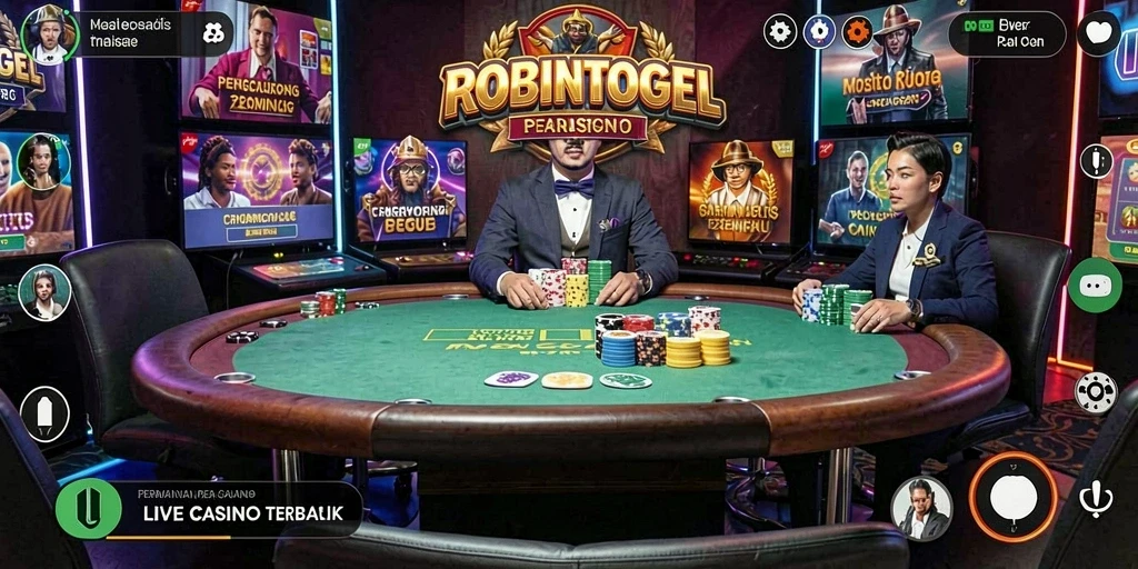 Screenshot gameplay ROBINTOGEL dengan dealer langsung dan permainan menarik.