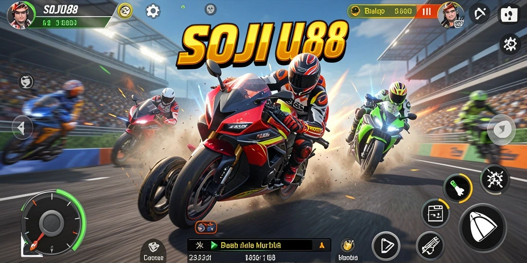 Tampilan gameplay <strong>SOJU88</strong> yang menarik saat balapan motor.