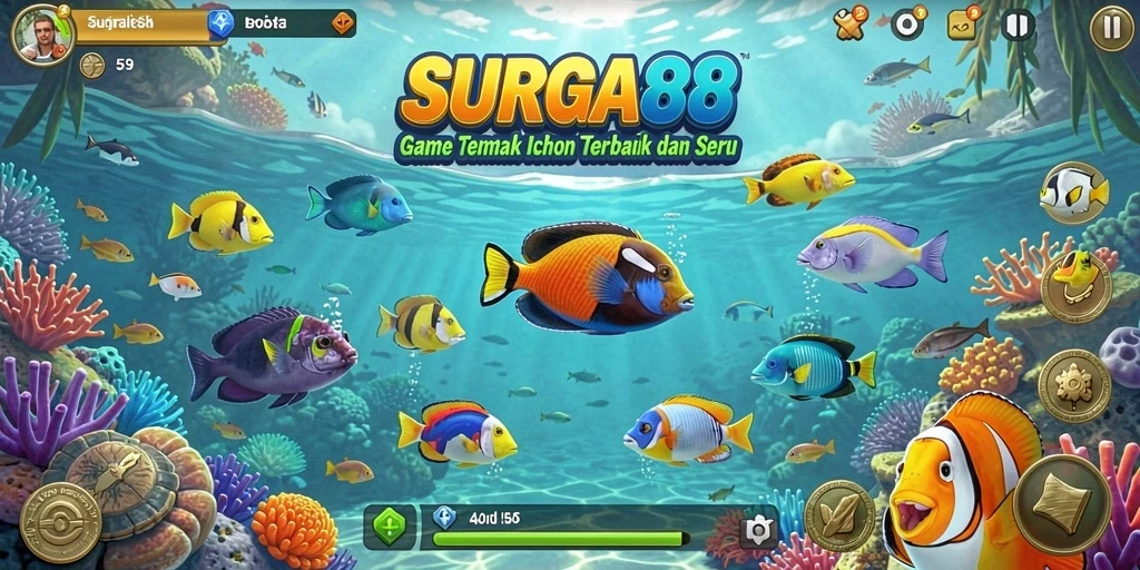 Tampilan gameplay <strong>SURGA88</strong> yang seru dengan berbagai ikan untuk ditembak.