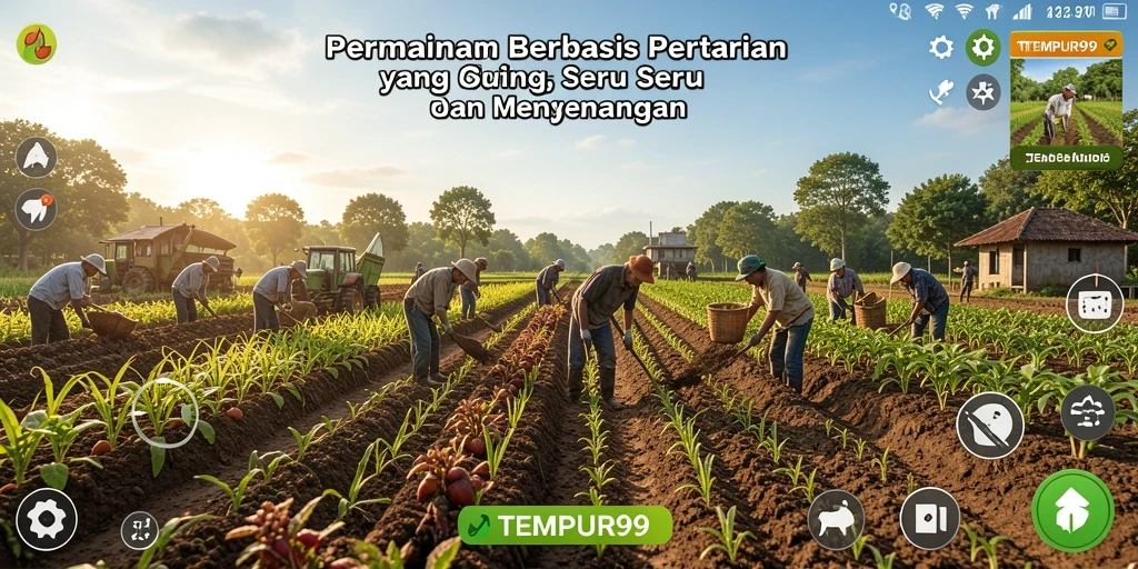 Screenshot permainan TEMPUR99 yang menampilkan aktivitas bertani.