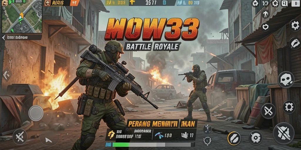 Screenshot gameplay WOW33 menampilkan pertempuran seru dalam Battle Royale.