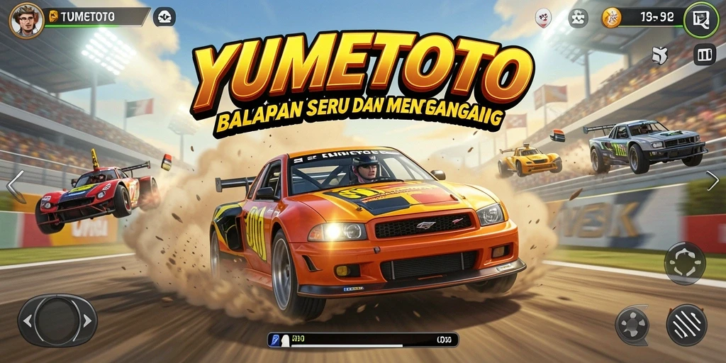 Tangkapan layar YUMETOTO menampilkan aksi balapan yang mendebarkan dan kendaraan kustom.